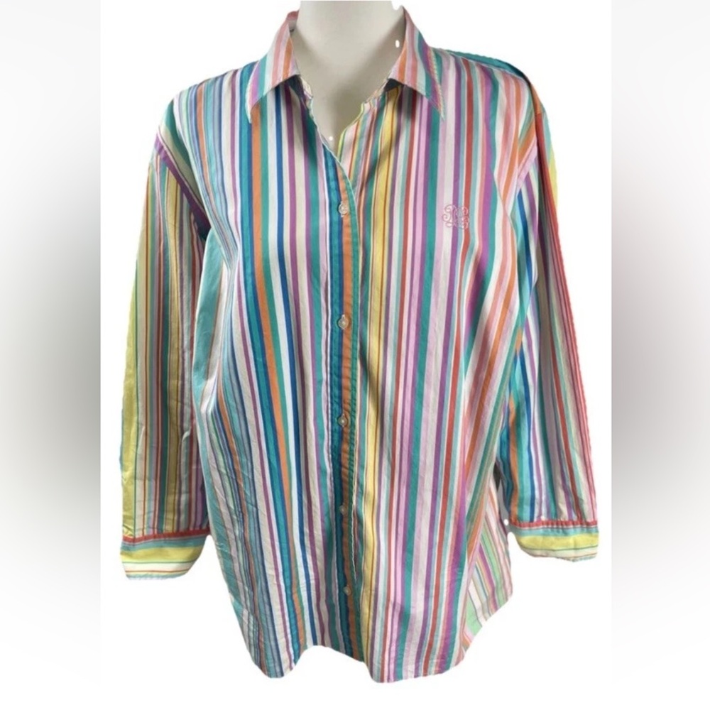 lauren‎ ralph lauren women’s 1X long sleeve striped Colorful Button Down Shirt